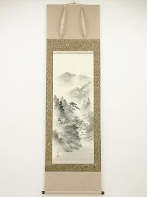 栖二筆　水墨山水　肉筆絹本掛軸（共箱）